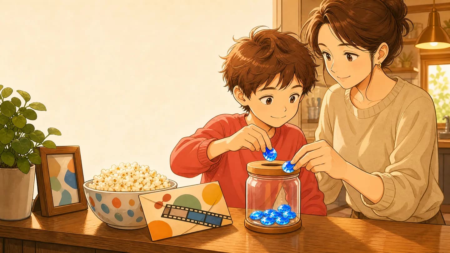 Un parent et un enfant déposent des Diams bleus dans une boîte de récompense familiale, près d’une soirée cinéma préparée.