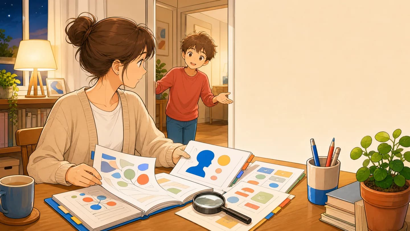 Un parent compare des fiches de sources illustrées pendant qu’un enfant vient lui poser une question.