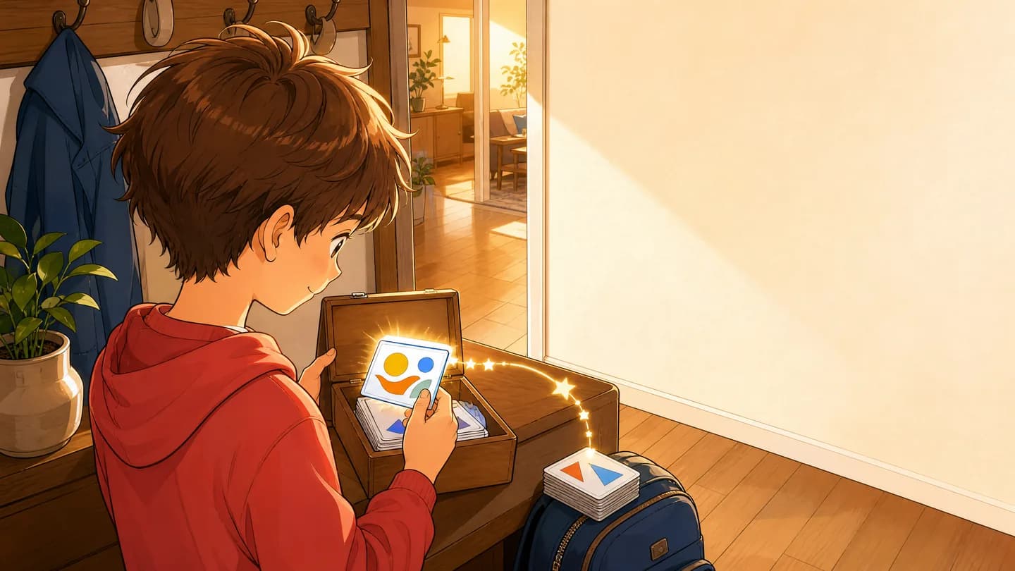 Un enfant retrouve une carte déjà étudiée dans sa boîte de révision, éclairée par un discret rappel visuel.