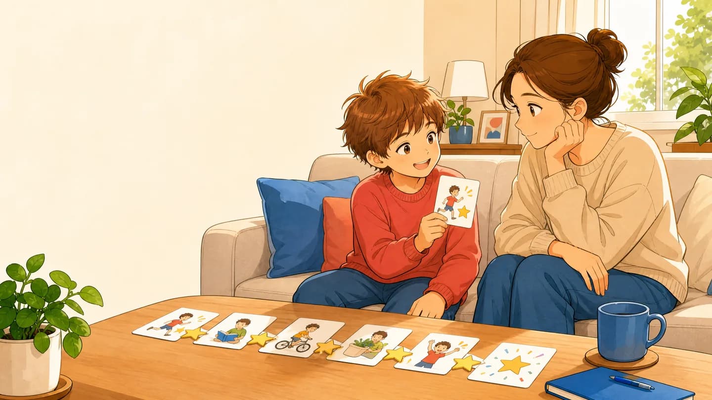 Un parent et un enfant regardent ensemble une frise de progrès illustrée, installés sur un canapé.
