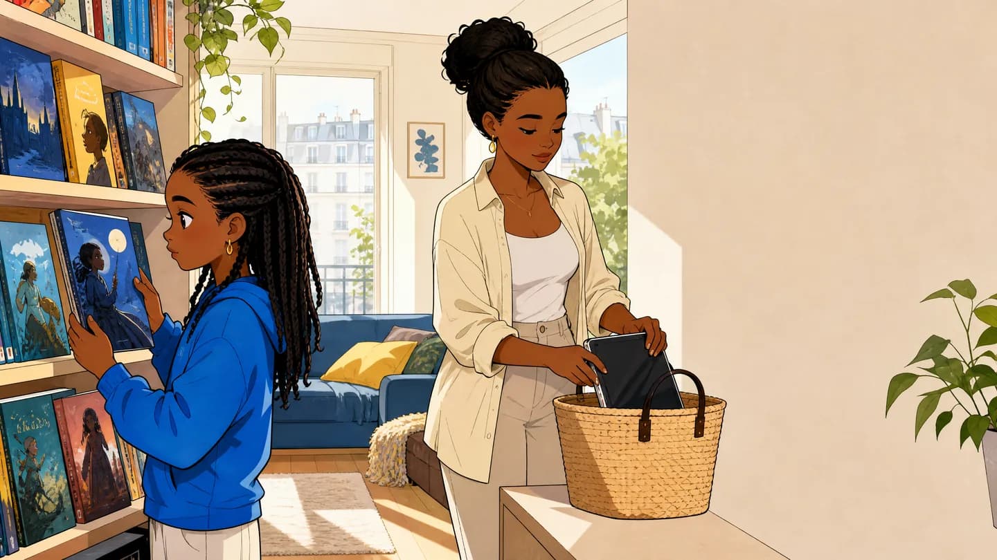 Un parent range une tablette dans un panier familial pendant qu’un enfant rejoint un coin lecture chaleureux