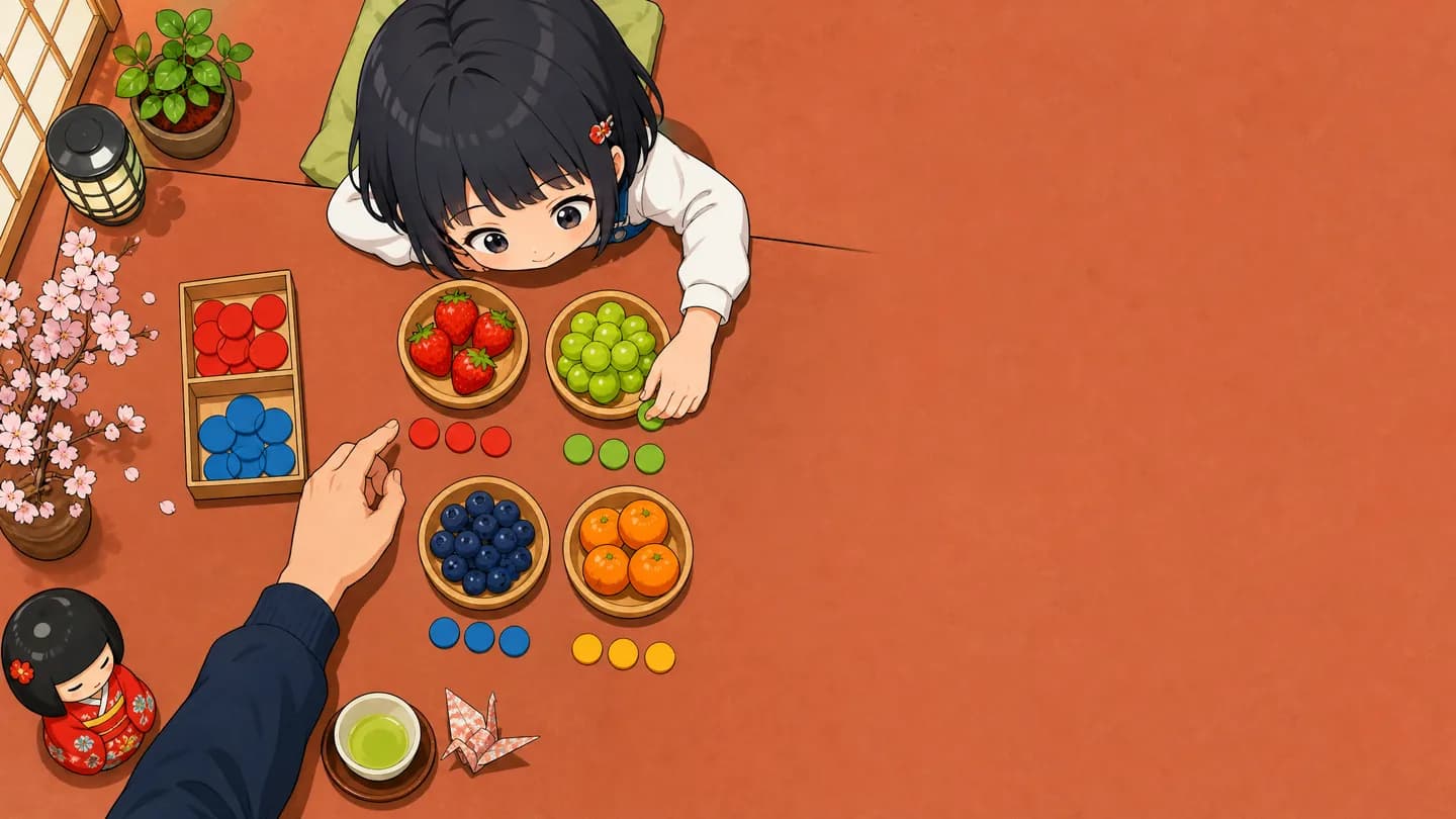 Un enfant manipule des jetons et des fruits pour comprendre une quantité avec un parent