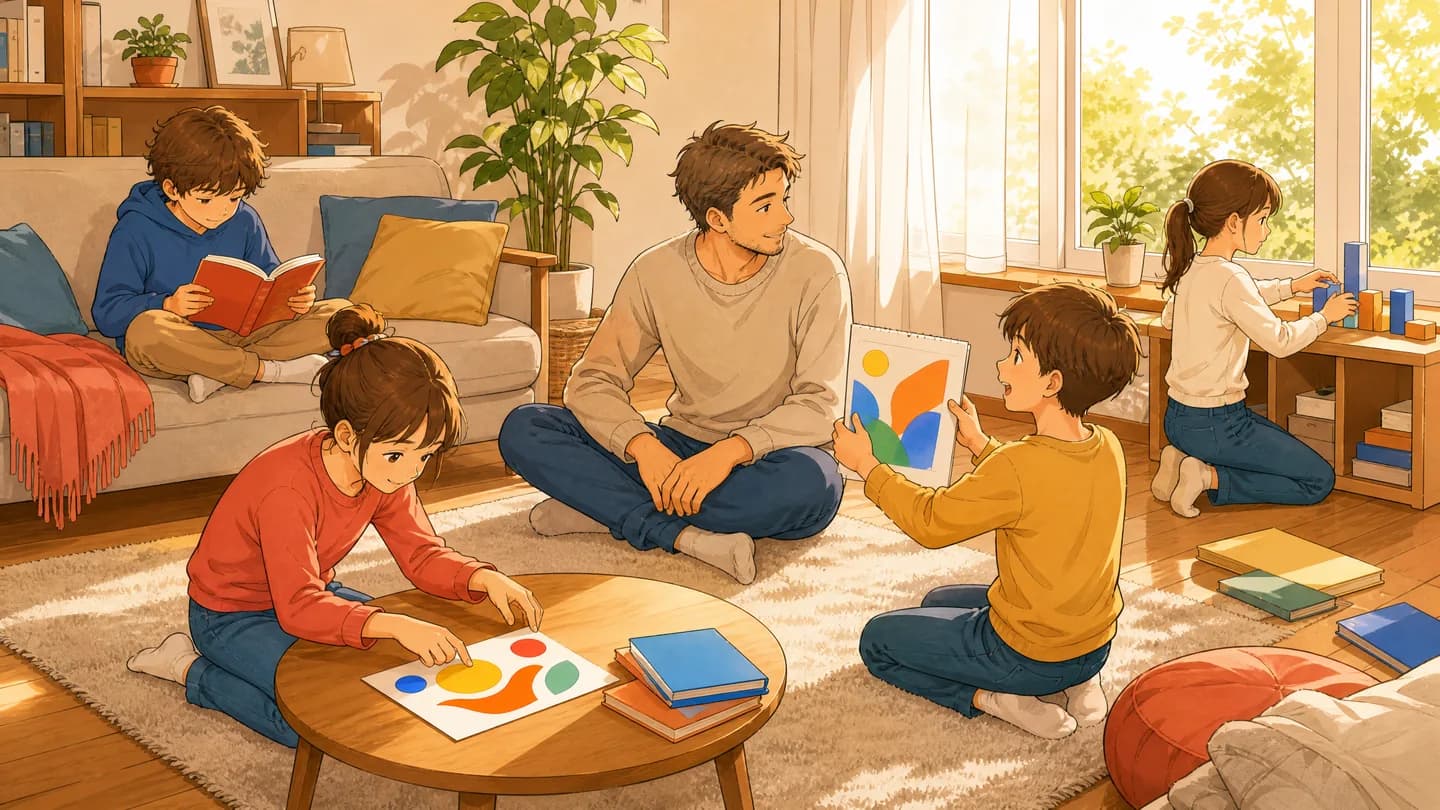 Dans un salon lumineux, un parent accompagne discrètement quatre enfants qui lisent, créent et explorent chacun à leur rythme.