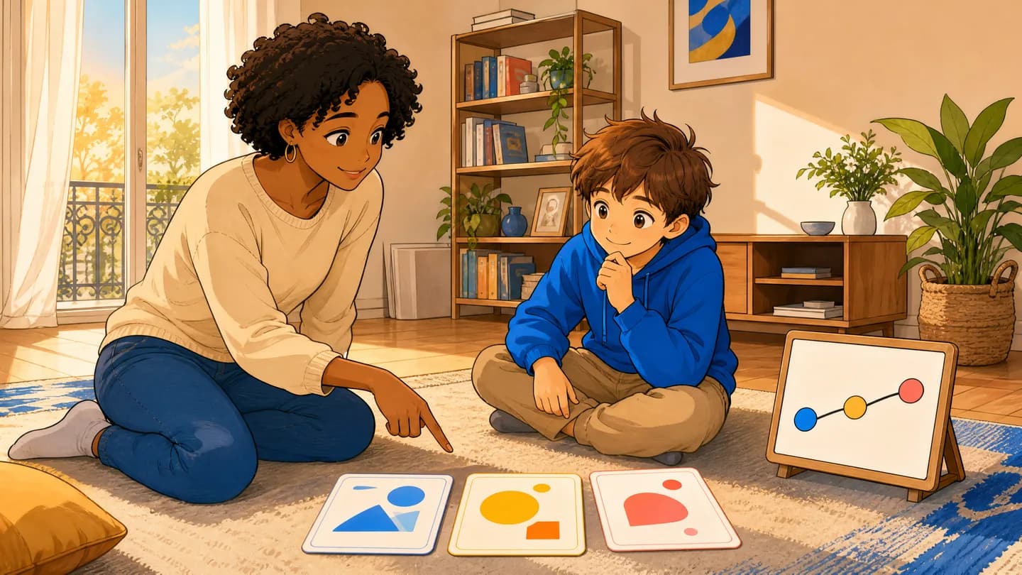 Une mère et son fils choisissent ensemble la prochaine étape parmi des cartes de parcours colorées