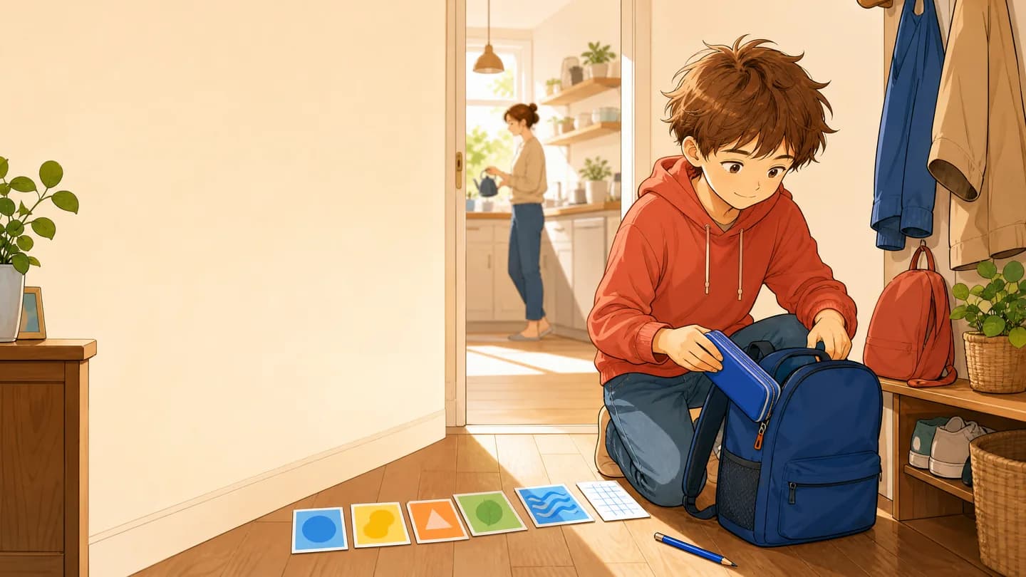 Dans l’entrée d’une maison, un enfant prépare son sac en suivant des cartes-repères colorées, tandis qu’un parent reste disponible en arrière-plan.