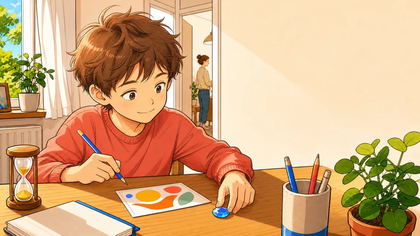 Un enfant concentré à son bureau avance sur une carte-mission avec un crayon, un sablier et un Diam bleu.