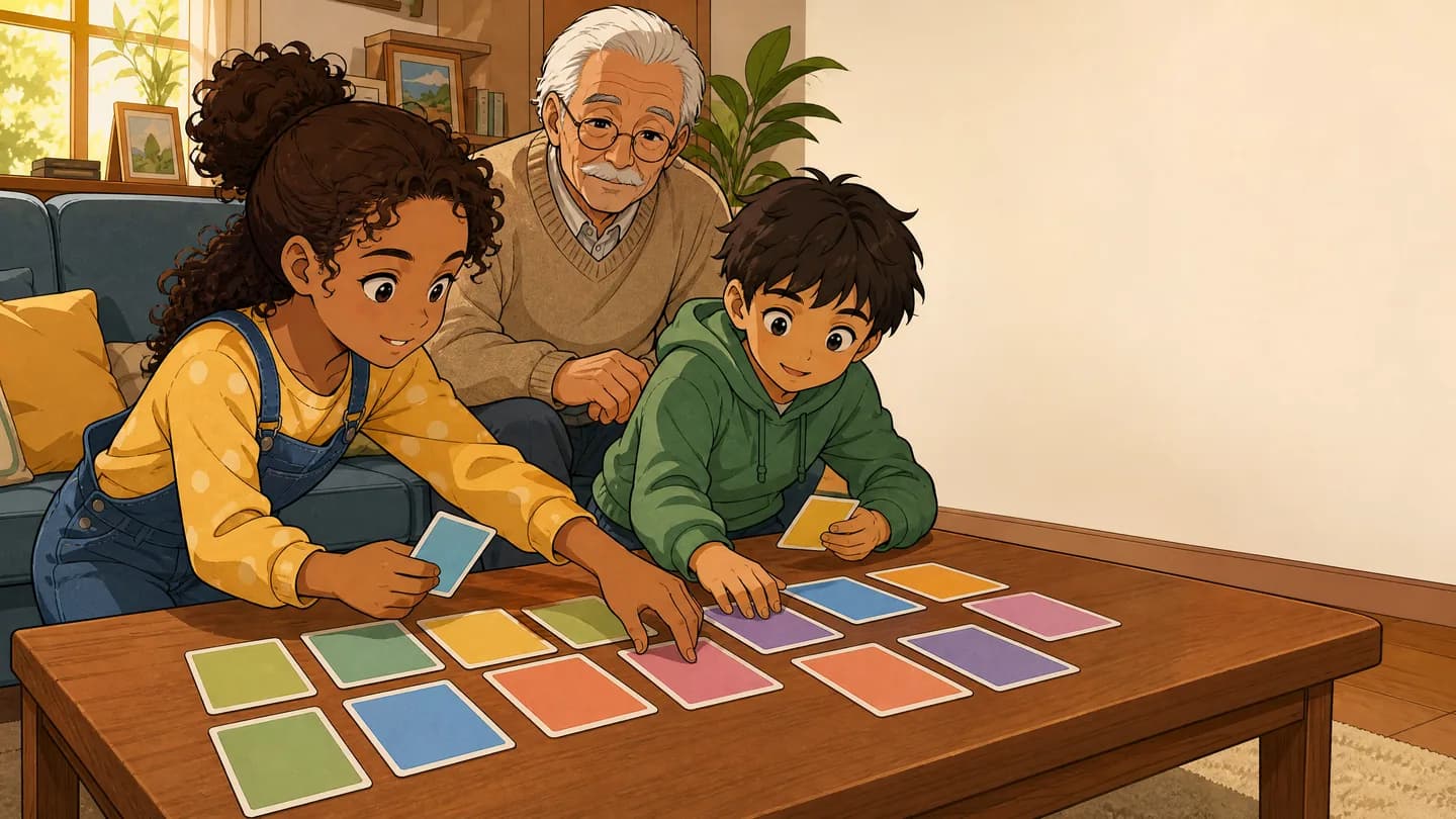 Un enfant et un parent jouent ensemble avec des cartes pédagogiques sans compétition