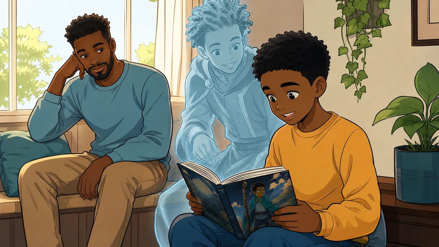 Un enfant lit avec un repère coloré pendant qu’un parent reste disponible à ses côtés