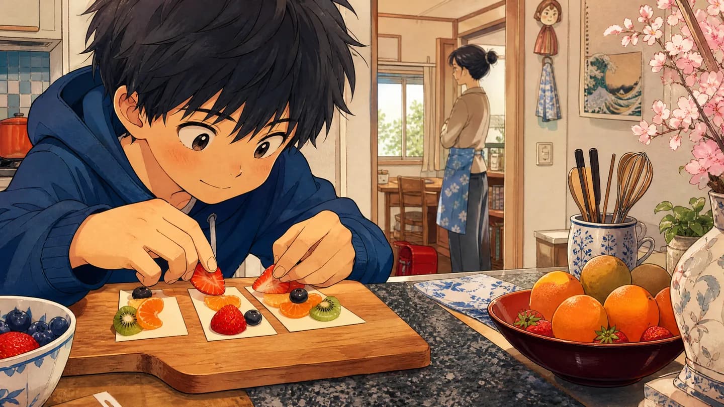 Un enfant suit trois cartes illustrées pour préparer une petite recette avec l’aide d’un parent