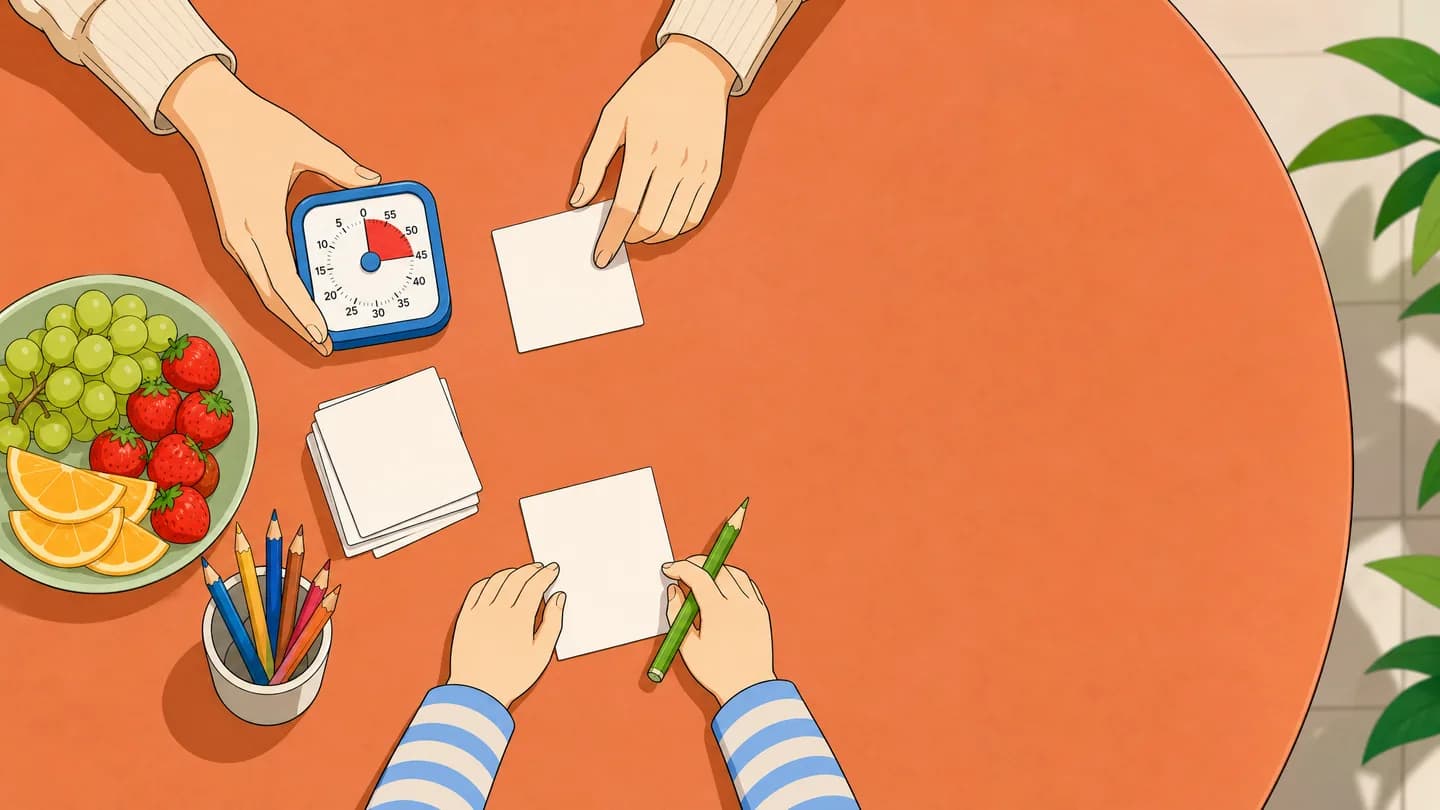 Un parent et un enfant organisent un temps d’écran autour d’un minuteur et de cartes d’activités