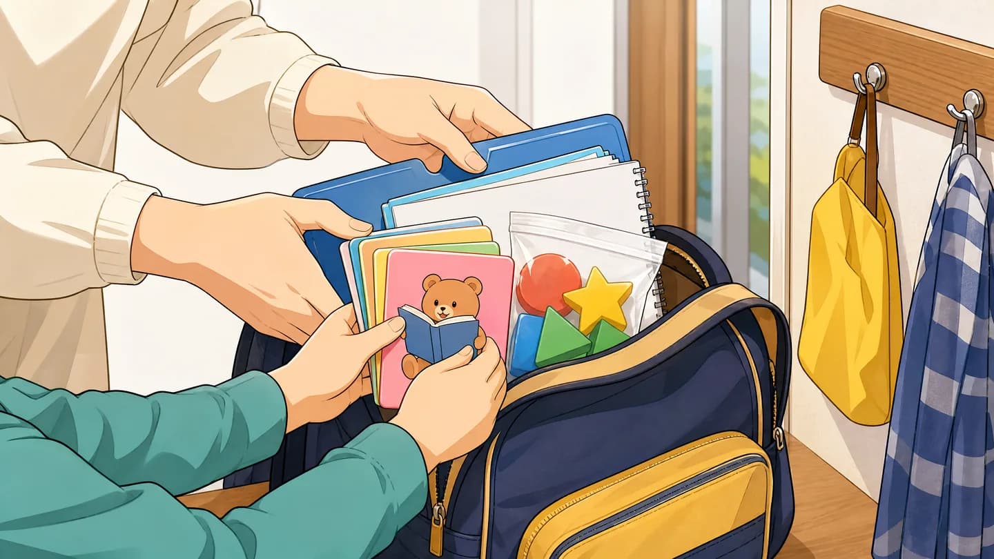 Un parent et un enfant préparent ensemble des supports adaptés dans une pochette pour l’école