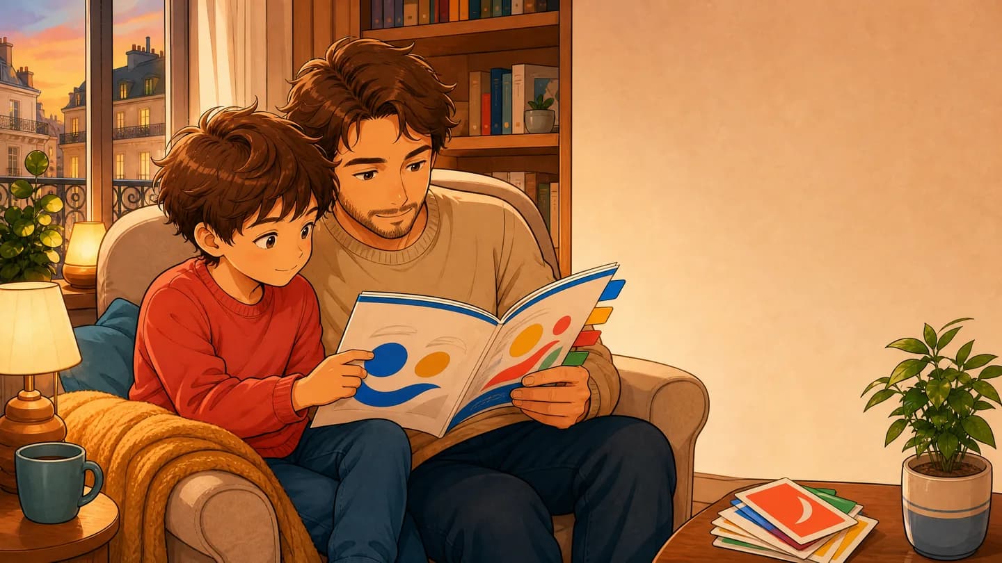 Dans un coin lecture chaleureux, un parent et un enfant parcourent ensemble un guide illustré et des cartes de repères.