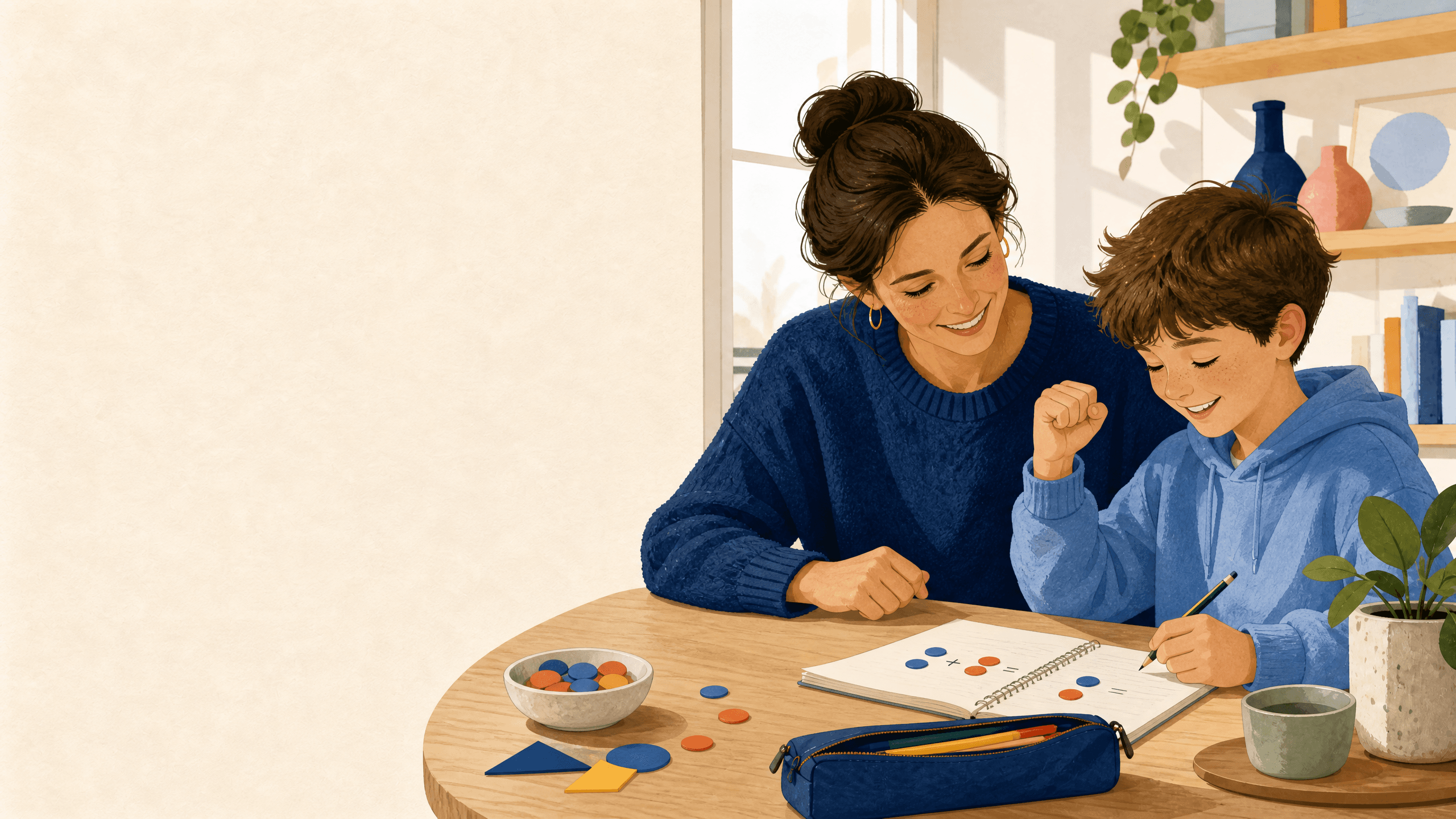 Un parent accompagne un enfant dans un petit succès d’apprentissage